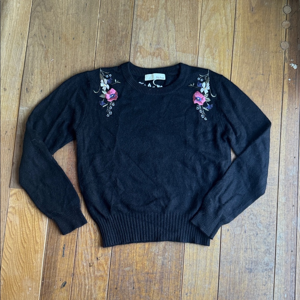 Lily Brown Tokyo, Japan Floral Embroidered Black Angora Blend Sweater